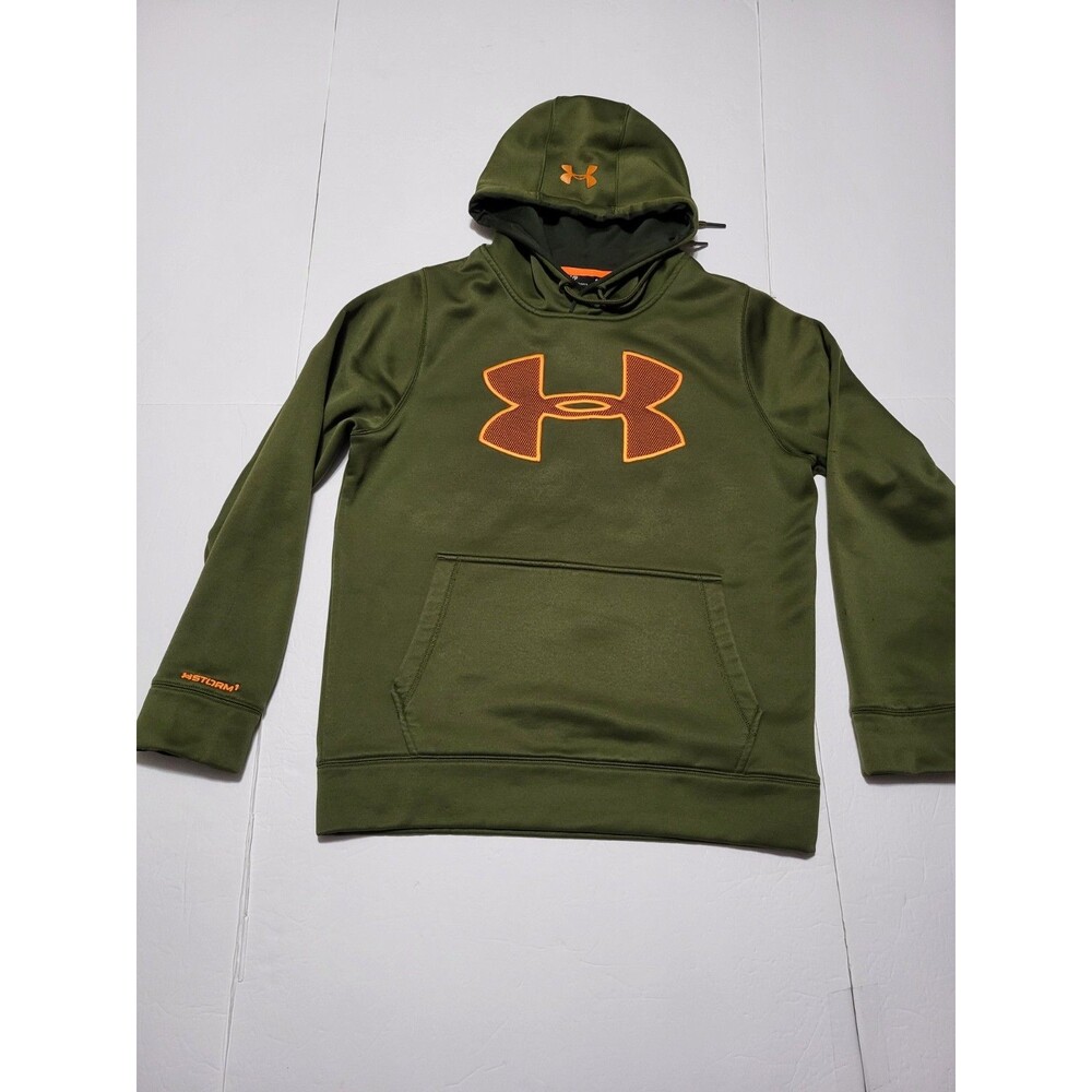 (#19)Under Armour Green Pullover Hoodie Orange Logo Loose Storm1 Small